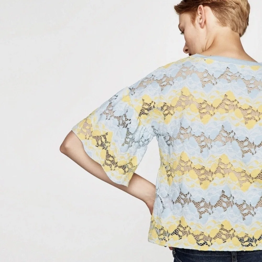 Zara blue and yellow striped lace top - Picture 2 of 9